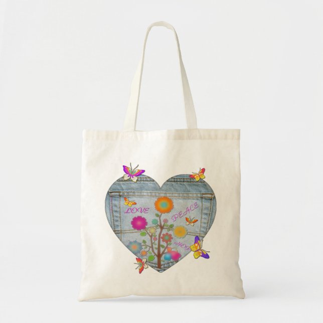 Denim Pocket Heart Flowers Butterflies Tote Bag (Front)