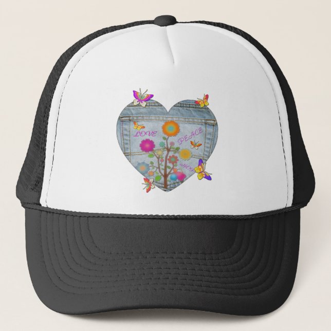 Denim Pocket Heart Flowers Butterflies Trucker Hat (Front)