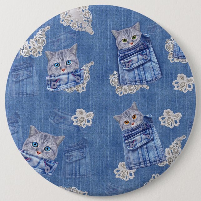 Denim pocket Jeans,Kittens and Lace 6 Inch Round Button (Front)