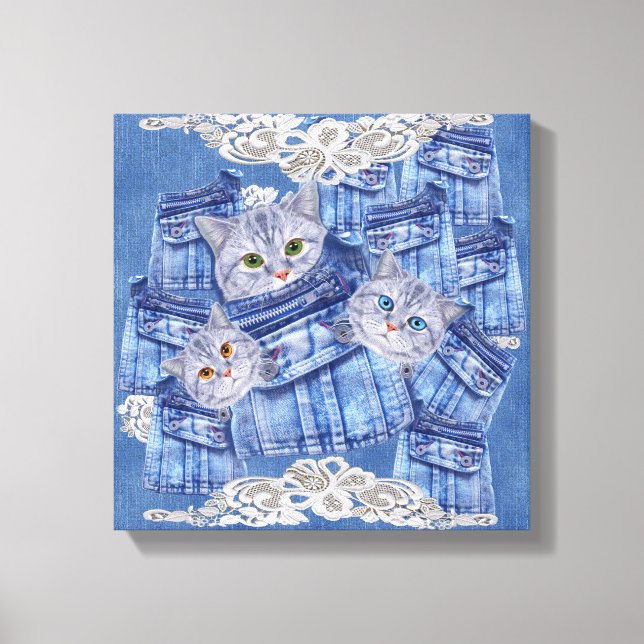 Denim pocket Jeans,Kittens and Lace Canvas Print (Front)