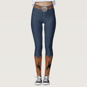 Denim Print Leggings Belt And Cowboy Boots Bronc