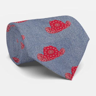 Denim Print With Red Bandana Cowboy Hats Western Tie