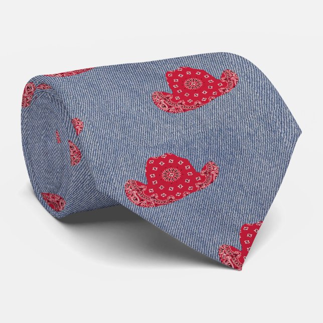 Denim Print With Red Bandana Cowboy Hats Western Tie (Rolled)