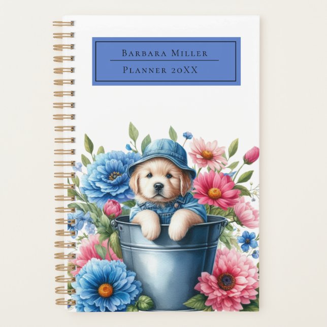 Denim Puppy Meadow Pink Blue Dog Lover Planner (Front)
