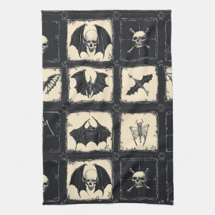 Denim Quilt with Bats and Skeletons Kitchen Towel