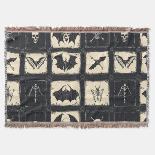 Denim Quilt with Bats and Skeletons Throw Blanket