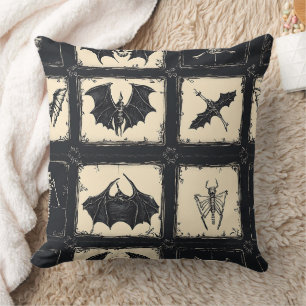 Denim Quilt with Bats and Skeletons Throw Pillow