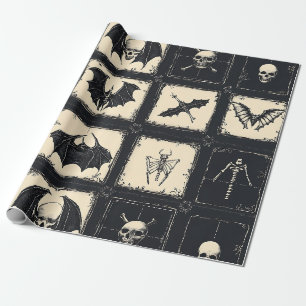 Denim Quilt with Bats and Skeletons Wrapping Paper