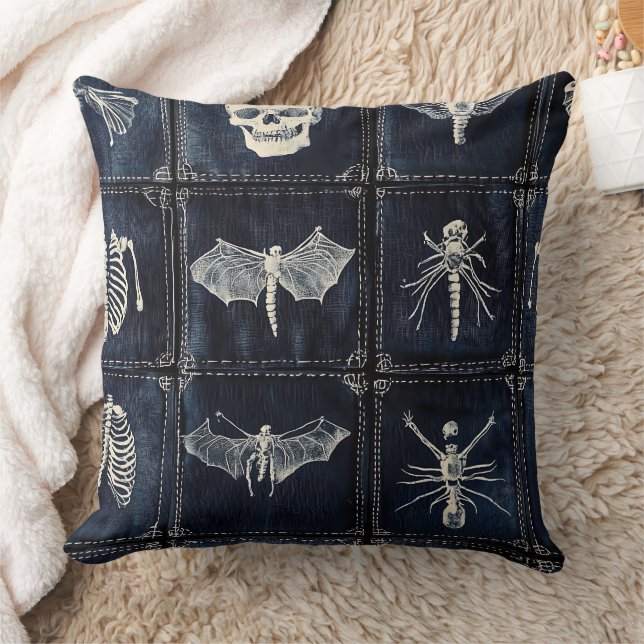 Denim Quilt with Skulls & Insects Throw Pillow (Blanket)