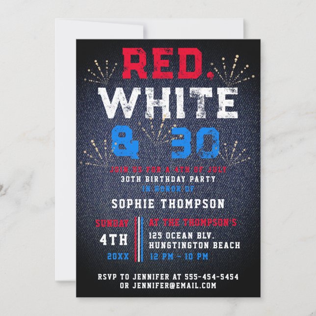 Denim Red White July 4th Patriotic 30th Birthday Invitation (Front)