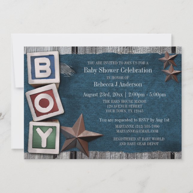 Denim, Stars, & Blocks Country Boy Baby Shower Invitation (Front)