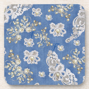Denim Texture Ivory-pearls and Lace Coaster