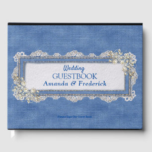 Denim texture Ivory-pearls and Lace Guest Book
