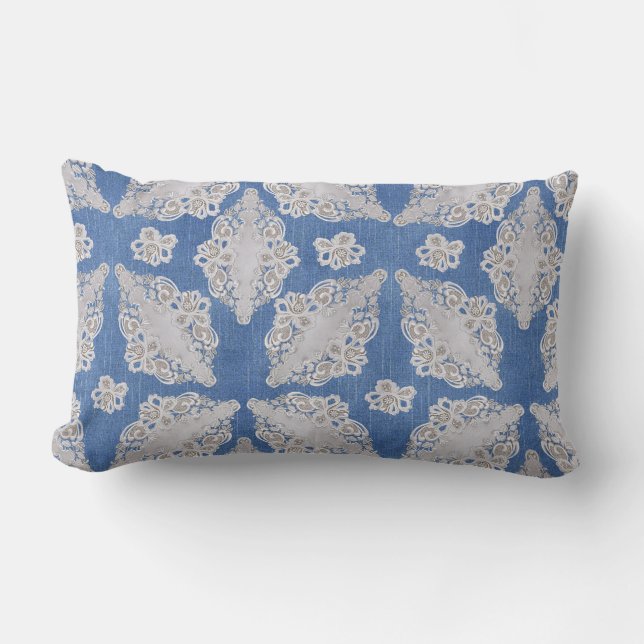 Denim texture with Lace Repeat Pattern Lumbar Pillow (Front)