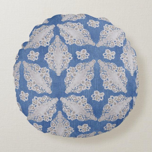 Denim texture with Lace Repeat Pattern Round Pillow (Front)