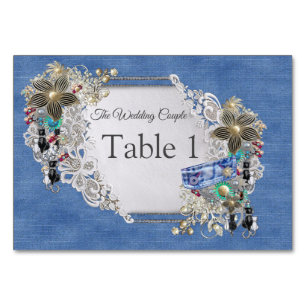Denim Textured Lace and Costume Jewellery Table Number