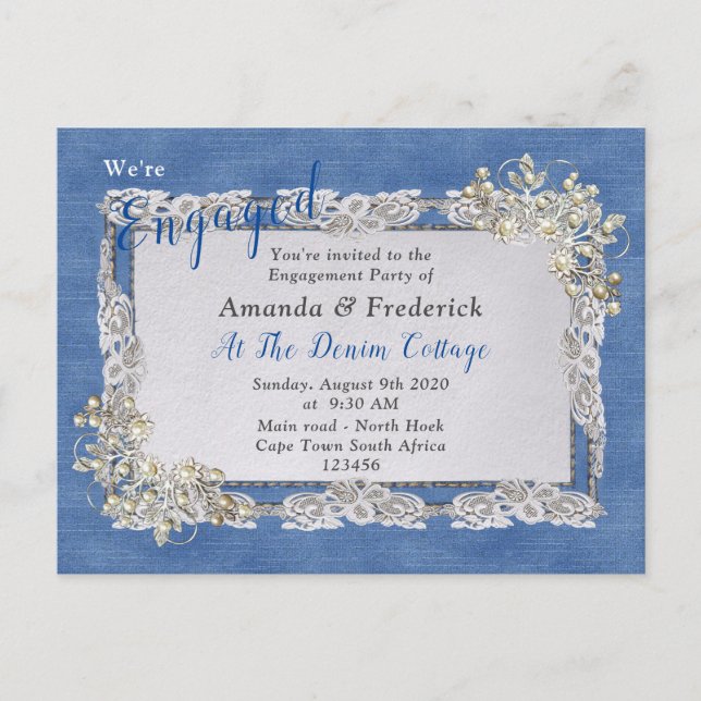 Denim Textured Lace and Pearls Invitation Postcard (Front)