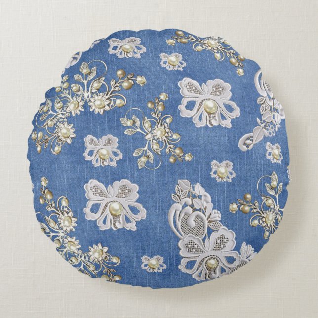 Denim Textured Lace and Pearls Round Pillow (Front)