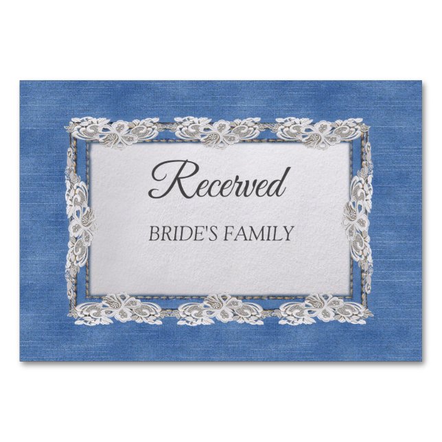 Denim Textured Lace and Pearls Table Number (Front)