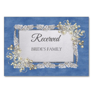 Denim Textured Lace and Pearls Table Number