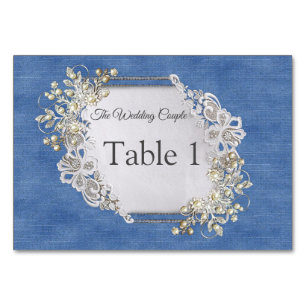 Denim Textured Lace and Pearls Table Number
