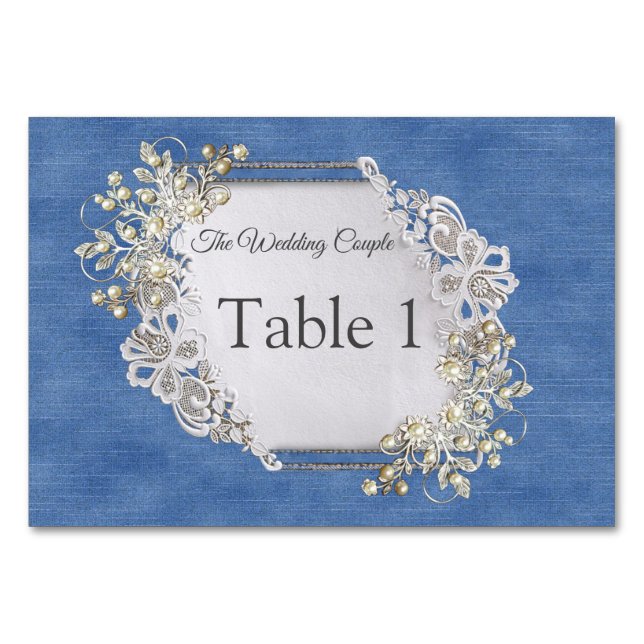 Denim Textured Lace and Pearls Table Number (Front)