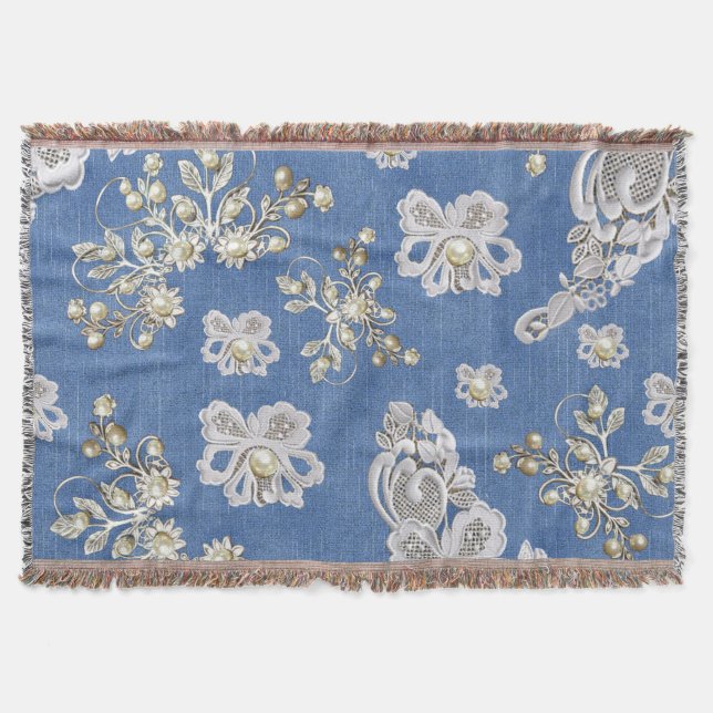 Denim Textured Lace and Pearls Throw Blanket (Front)