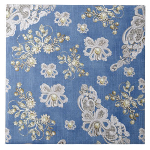 Denim Textured Lace and Pearls Tile