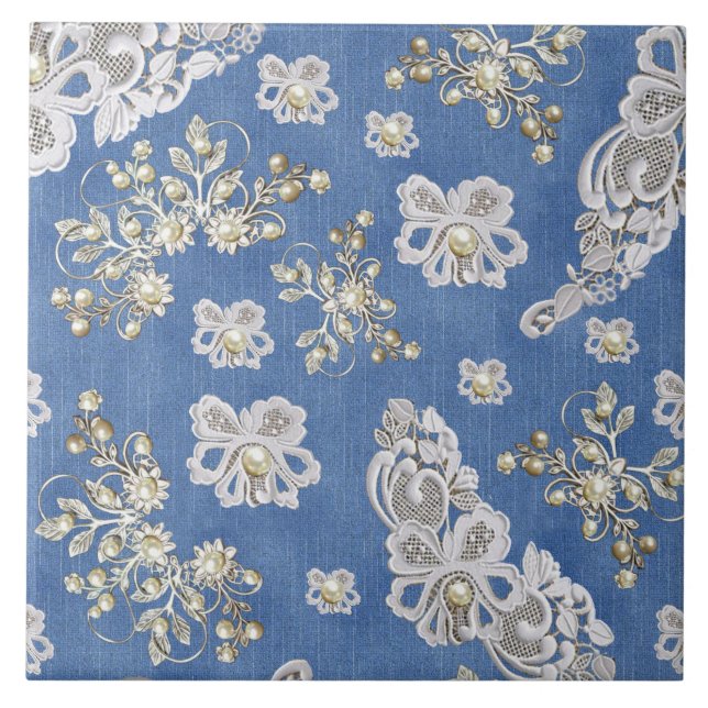 Denim Textured Lace and Pearls Tile (Front)