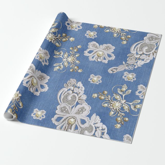 Denim Textured Lace and Pearls Wrapping Paper (Unrolled)
