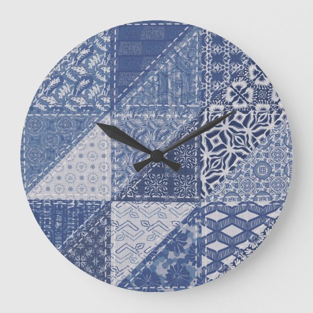 Denim Triangle Patchwork Vintage Texture. Large Clock (Front)