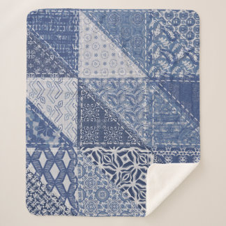 Denim Triangle Patchwork Vintage Texture. Sherpa Blanket
