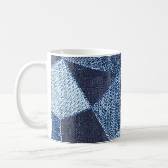 Denim Urban: Distressed Striped Patchwork. Coffee Mug (Left)