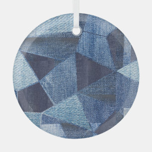 Denim Urban: Distressed Striped Patchwork. Glass Ornament