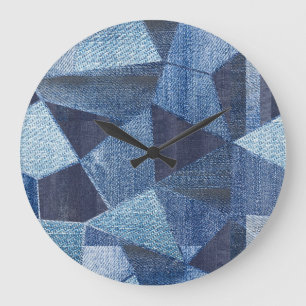 Denim Urban: Distressed Striped Patchwork. Large Clock