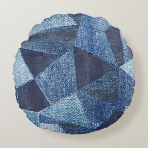 Denim Urban: Distressed Striped Patchwork. Round Pillow
