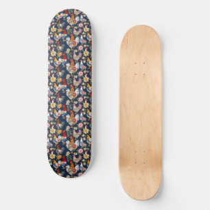 Denim Wearing Floral Patchwork Chickens On Navy Skateboard