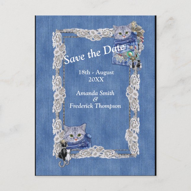 Denim with Cream Flower Lace and Costume Jewellery Announcement Postcard (Front)