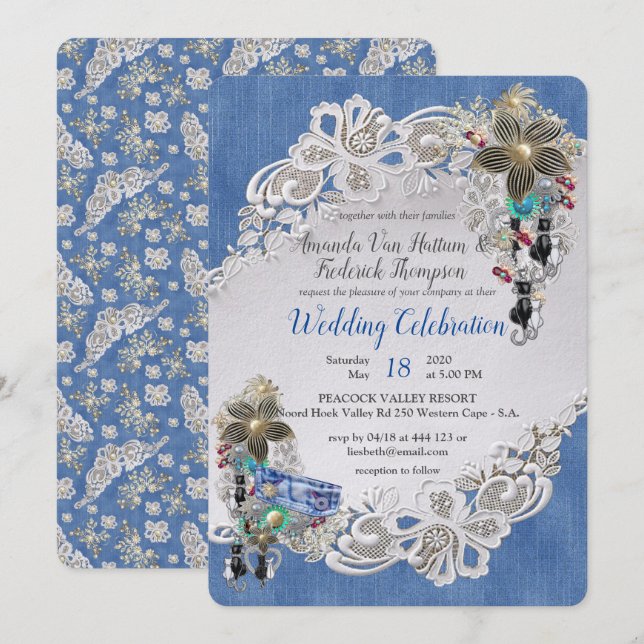 Denim with Cream Flower Lace and Costume Jewellery Invitation (Front/Back)