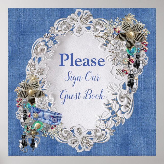 Denim with Cream Flower Lace and Costume Jewellery Poster (Front)