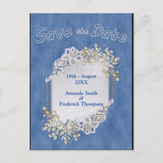 Denim with Cream Flower Lace and Pearls Announcement Postcard (Front)