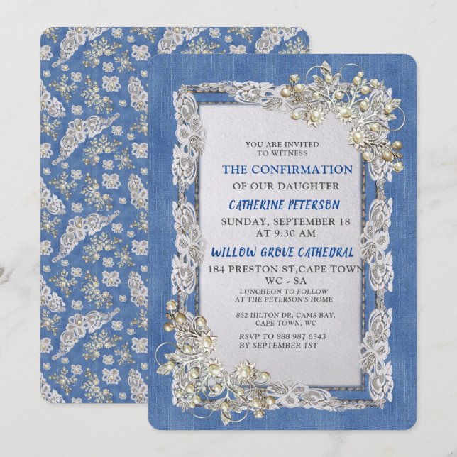Denim with Cream Flower Lace and Pearls Invitation (Front/Back)