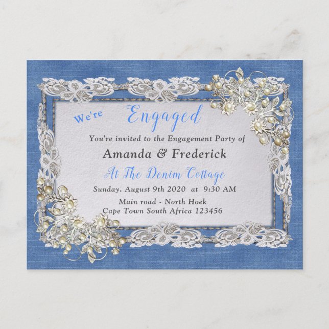 Denim with Cream Flower Lace and Pearls Invitation Postcard (Front)