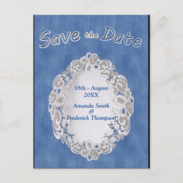 Denim with Cream Flower Lace Announcement Postcard (Front)