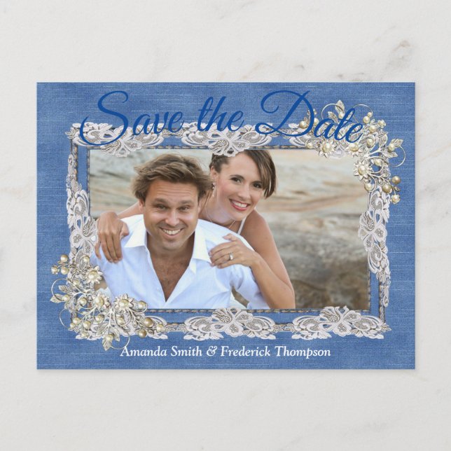 Denim with Cream Flower Lace Announcement Postcard (Front)