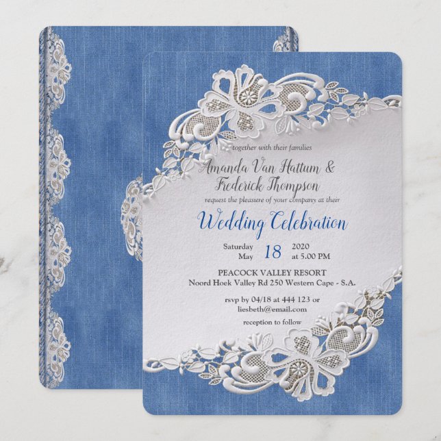 Denim with Cream Flower Lace Invitation (Front/Back)