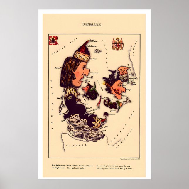 Denmark Comical Map Vintage Lithograph 1860s Poster (Front)