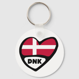 Denmark Country Code Flag Heart Keyring, DNK Keychain