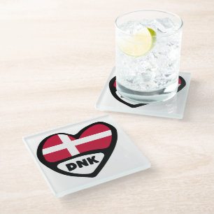 Denmark Country Code Flag Heart Pin Badge, DNK Glass Coaster