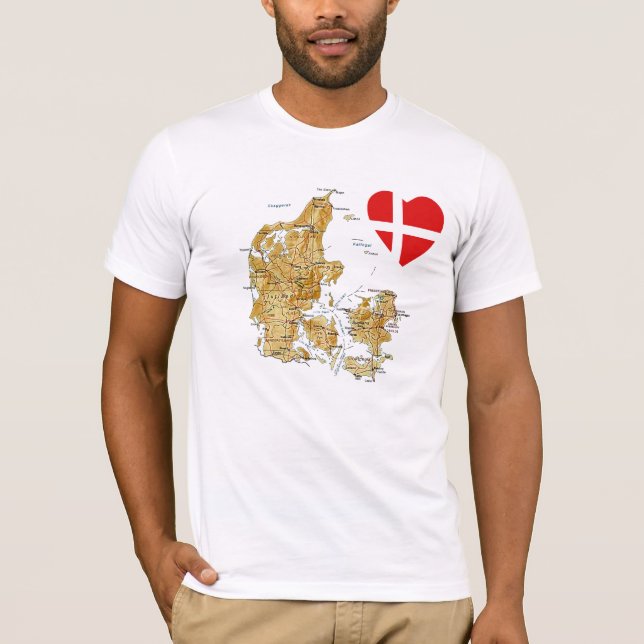 Denmark Flag Heart and Map T-Shirt (Front)